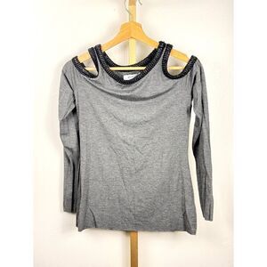 Bailey 44 Faux Leather Trimmed Cold Shoulder Top Long Sleeve Grey Sz S EUC